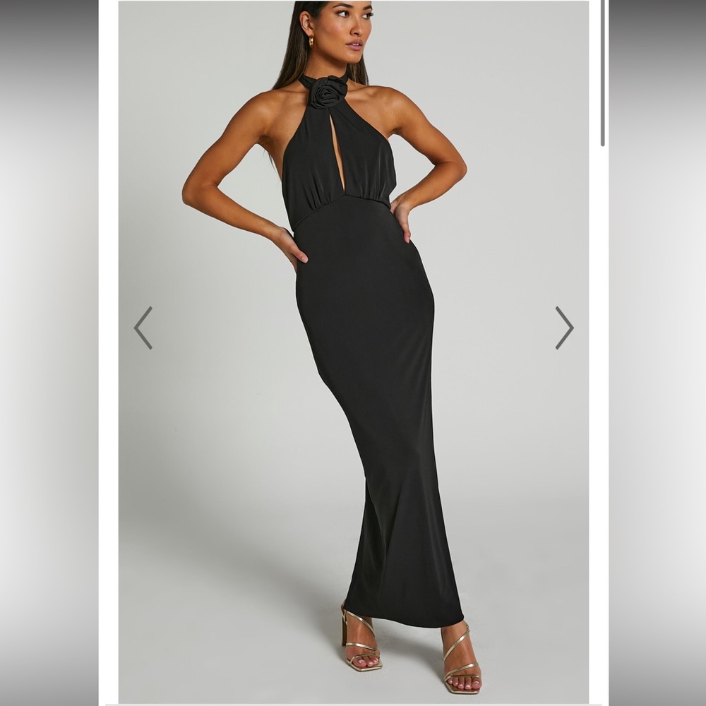 CLARET MIDAXI DRESS- ROSETTE HALTER MIDAXI DRESS IN BLACK